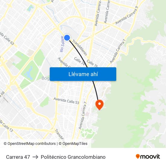 Carrera 47 to Politécnico Grancolombiano map
