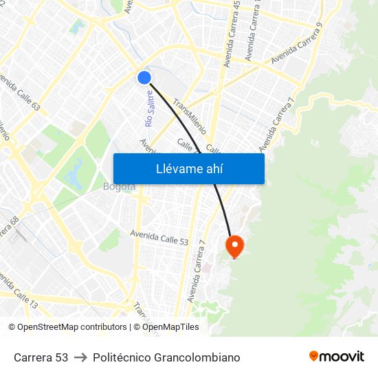 Carrera 53 to Politécnico Grancolombiano map