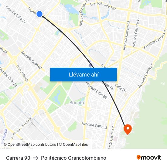 Carrera 90 to Politécnico Grancolombiano map