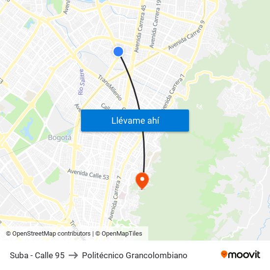 Suba - Calle 95 to Politécnico Grancolombiano map
