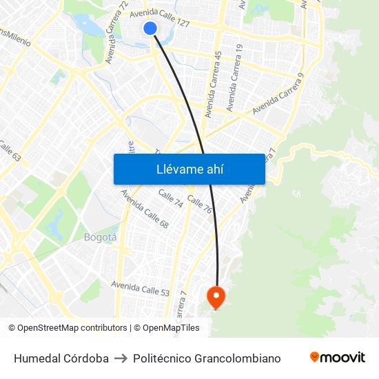 Humedal Córdoba to Politécnico Grancolombiano map