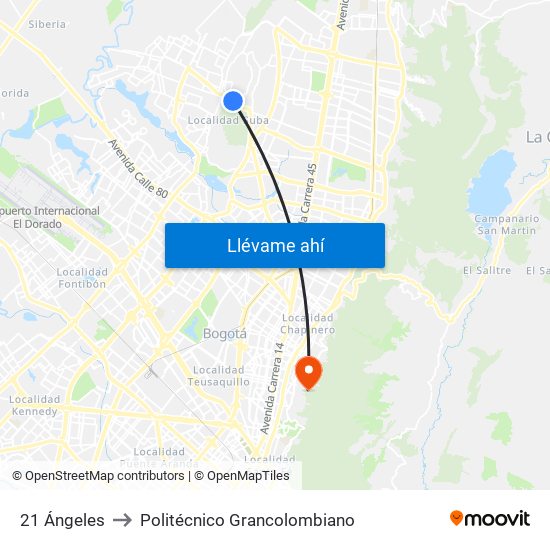 21 Ángeles to Politécnico Grancolombiano map