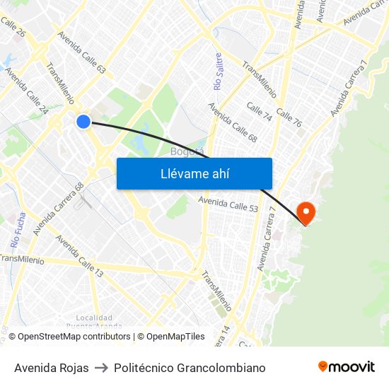 Avenida Rojas to Politécnico Grancolombiano map