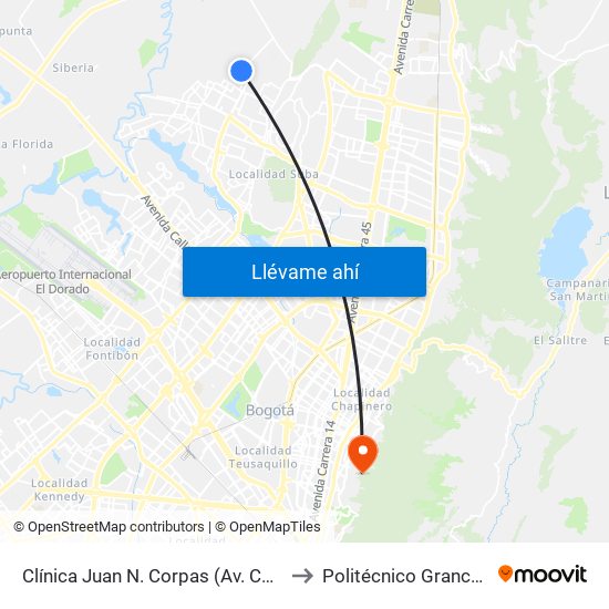 Clínica Juan N. Corpas (Av. Corpas - Cl 159a) to Politécnico Grancolombiano map