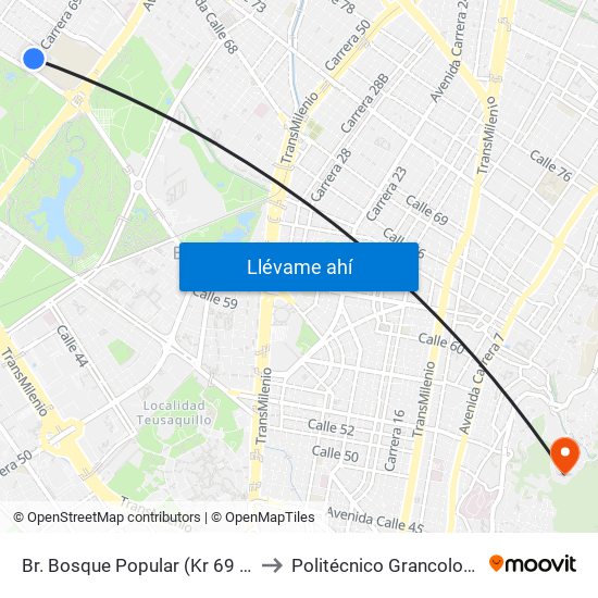 Br. Bosque Popular (Kr 69 - Cl 63a) to Politécnico Grancolombiano map