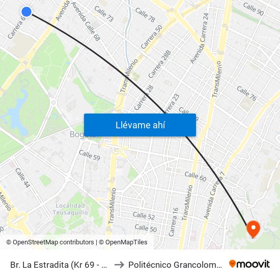 Br. La Estradita (Kr 69 - Cl 65) to Politécnico Grancolombiano map