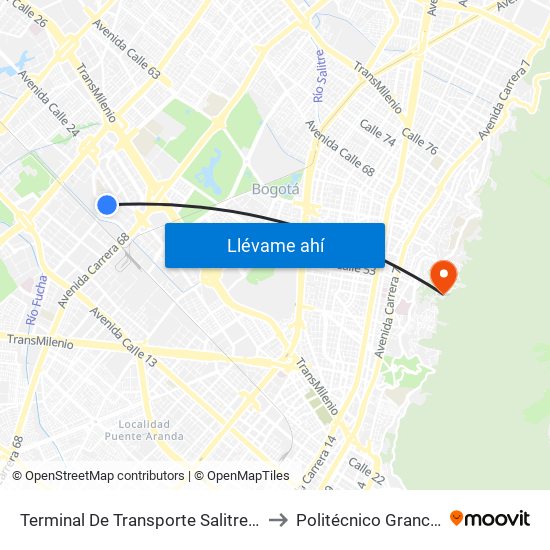 Terminal De Transporte Salitre (Kr 68d - Cl 22c) to Politécnico Grancolombiano map