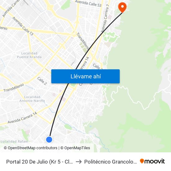 Portal 20 De Julio (Kr 5 - Cl 30a Sur) to Politécnico Grancolombiano map