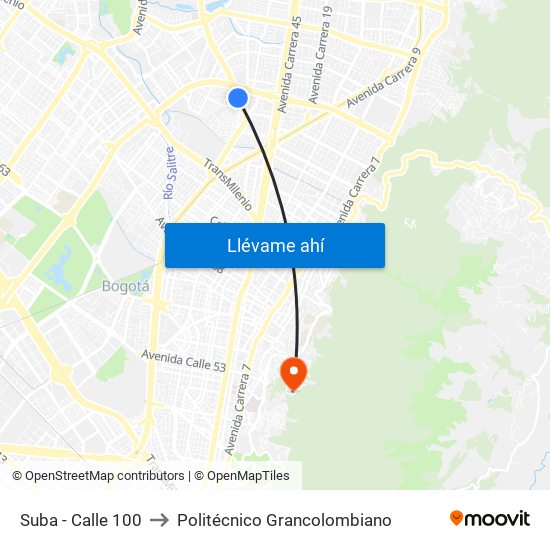 Suba - Calle 100 to Politécnico Grancolombiano map
