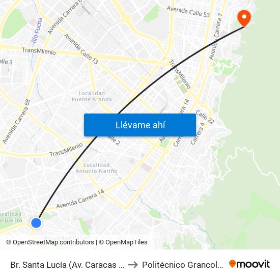 Br. Santa Lucía (Av. Caracas - Cl 45 Sur) to Politécnico Grancolombiano map