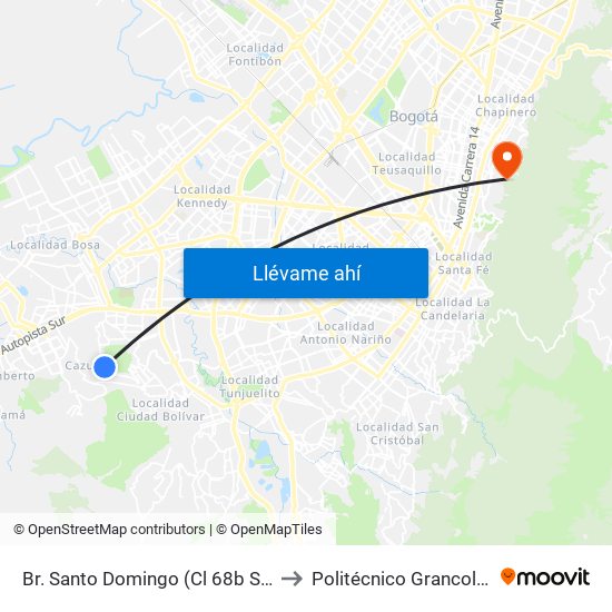 Br. Santo Domingo (Cl 68b Sur - Kr 77b) to Politécnico Grancolombiano map