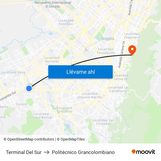 Terminal Del Sur to Politécnico Grancolombiano map