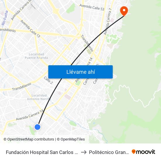Fundación Hospital San Carlos (Cl 31a Sur - Kr 12b) to Politécnico Grancolombiano map