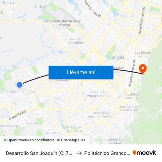 Desarrollo San Joaquín (Cl 71 Sur - Kr 88f) to Politécnico Grancolombiano map