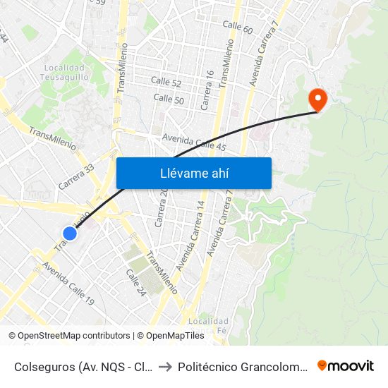 Colseguros (Av. NQS - Cl 22a) to Politécnico Grancolombiano map