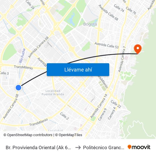 Br. Provivienda Oriental (Ak 68 - Cl 11 Sur) (A) to Politécnico Grancolombiano map