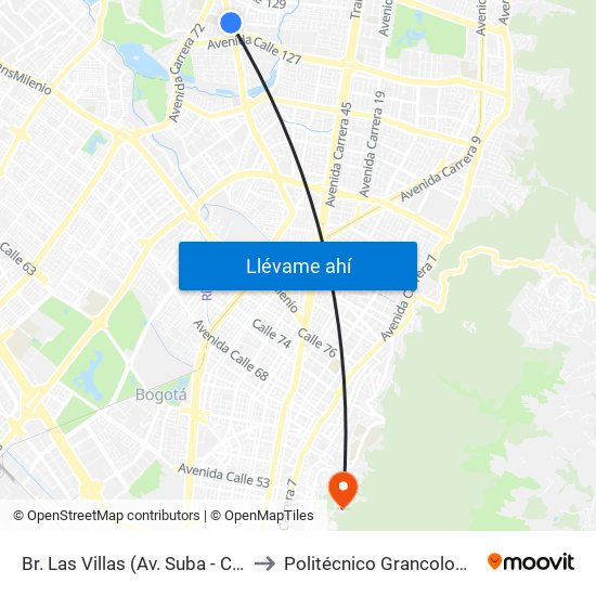 Br. Las Villas (Av. Suba - Cl 127d) to Politécnico Grancolombiano map