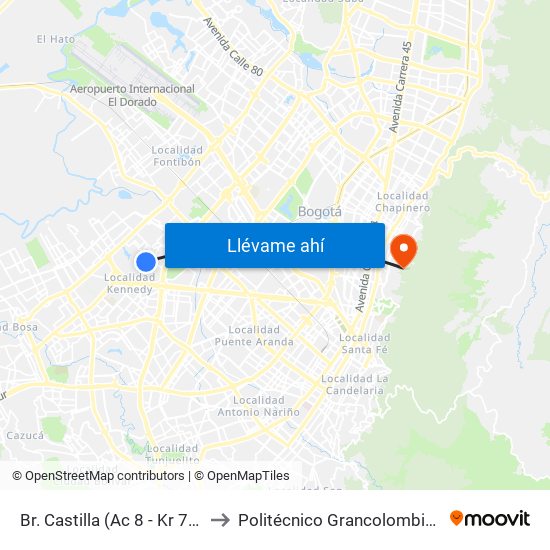 Br. Castilla (Ac 8 - Kr 78c) to Politécnico Grancolombiano map