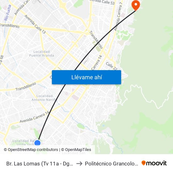 Br. Las Lomas (Tv 11a - Dg 38g Sur) to Politécnico Grancolombiano map