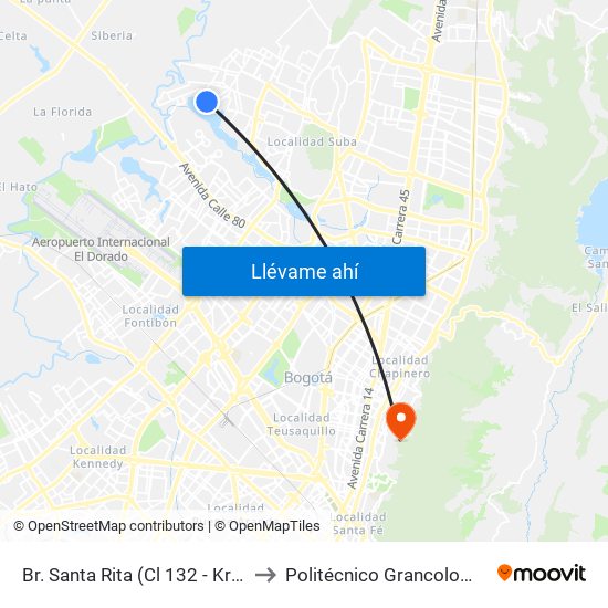 Br. Santa Rita (Cl 132 - Kr 132a) to Politécnico Grancolombiano map