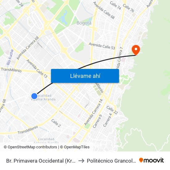 Br. Primavera Occidental (Kr 41a - Cl 3c) to Politécnico Grancolombiano map