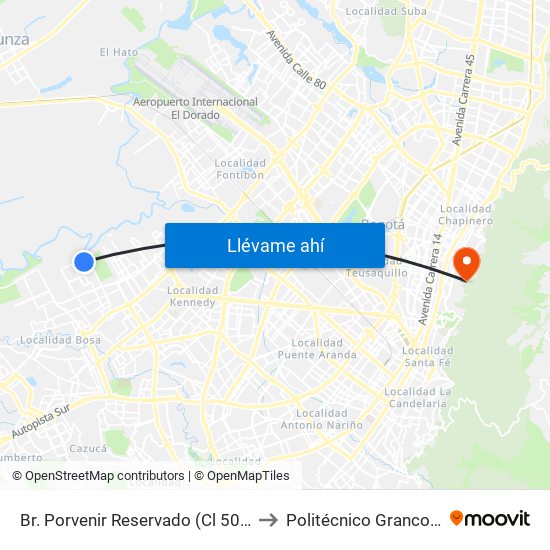 Br. Porvenir Reservado (Cl 50 Sur - Kr 98b) to Politécnico Grancolombiano map