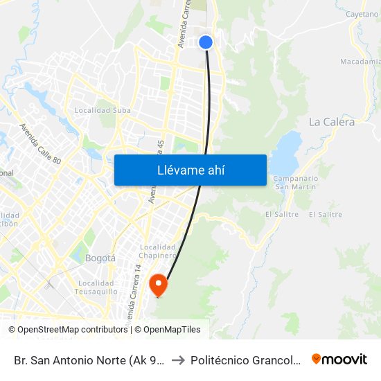 Br. San Antonio Norte (Ak 9 - Cl 185b) to Politécnico Grancolombiano map