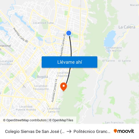 Colegio Siervas De San José (Ak 19 - Cl 131) to Politécnico Grancolombiano map