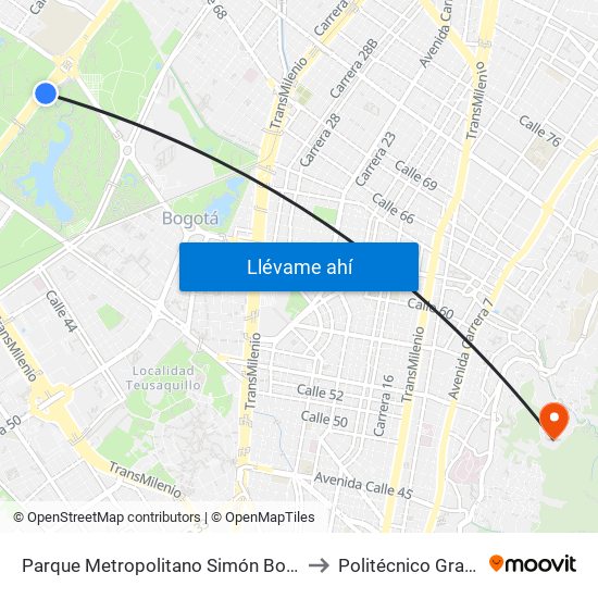 Parque Metropolitano Simón Bolívar (Ak 68 - Ac 63) (A) to Politécnico Grancolombiano map