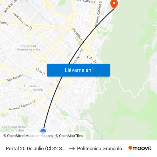 Portal 20 De Julio (Cl 32 Sur - Kr 3f) to Politécnico Grancolombiano map