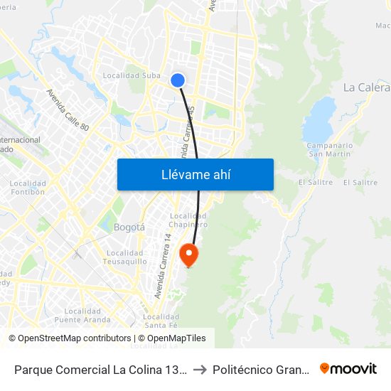 Parque Comercial La Colina 138 (Ac 138 - Kr 55) to Politécnico Grancolombiano map