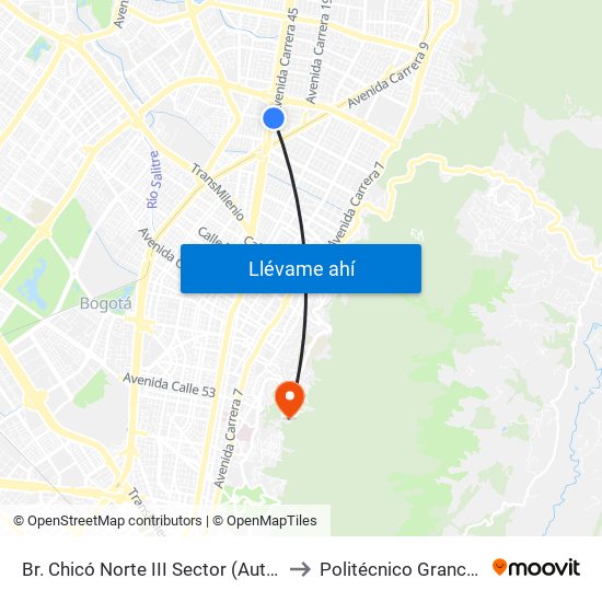 Br. Chicó Norte III Sector (Auto Norte - Cl 95) to Politécnico Grancolombiano map