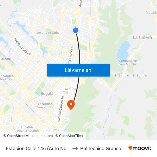 Estación Calle 146 (Auto Norte - Cl 148) to Politécnico Grancolombiano map