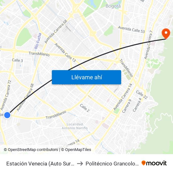 Estación Venecia (Auto Sur - Kr 54a) to Politécnico Grancolombiano map