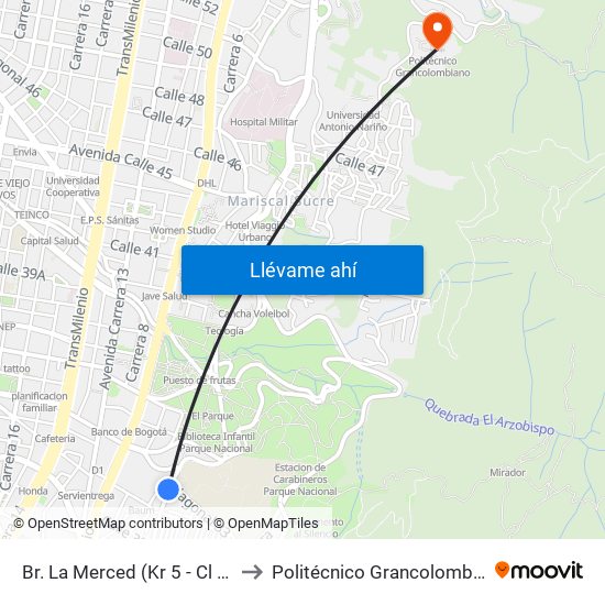 Br. La Merced (Kr 5 - Cl 33a) to Politécnico Grancolombiano map