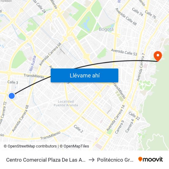 Centro Comercial Plaza De Las Américas (Cl 8 Sur - Kr 71a) to Politécnico Grancolombiano map