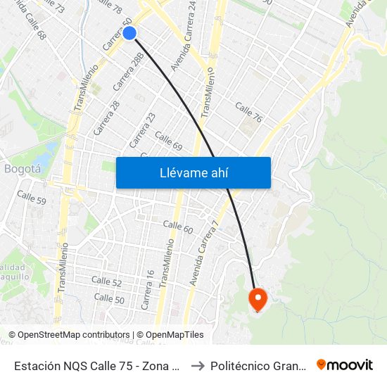 Estación NQS Calle 75 - Zona M (Av. NQS - Cl 75) to Politécnico Grancolombiano map