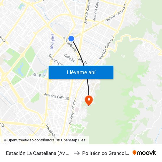 Estación La Castellana (Av NQS - Cl 86) to Politécnico Grancolombiano map