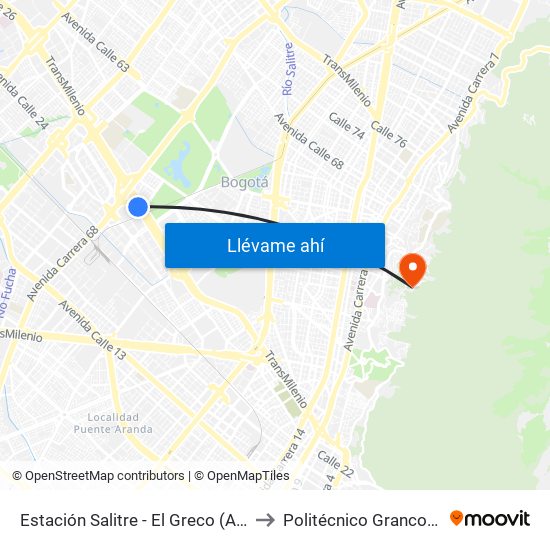 Estación Salitre - El Greco (Ac 26 - Kr 66) to Politécnico Grancolombiano map