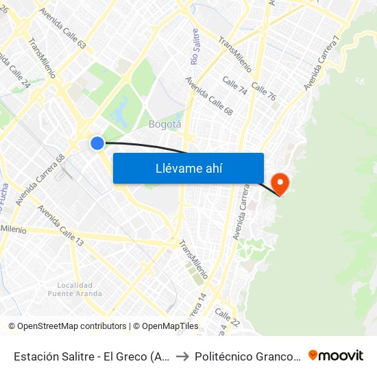 Estación Salitre - El Greco (Ac 26 - Ak 68) to Politécnico Grancolombiano map
