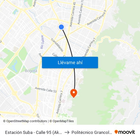 Estación Suba - Calle 95 (Ak 55 - Cl 94c) to Politécnico Grancolombiano map