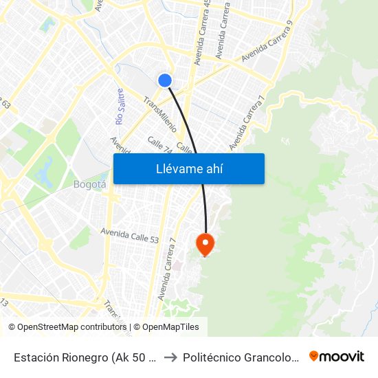 Estación Rionegro (Ak 50 - Cl 91a) to Politécnico Grancolombiano map