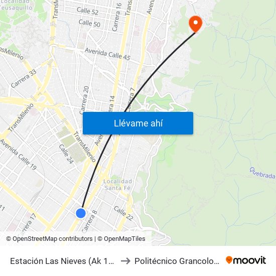 Estación Las Nieves (Ak 10 - Cl 17) to Politécnico Grancolombiano map