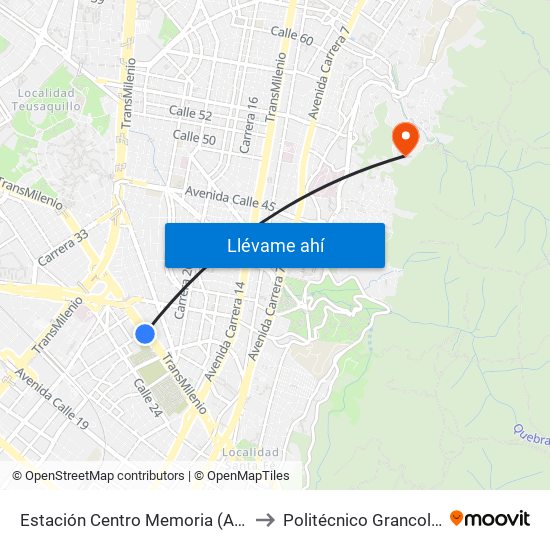 Estación Centro Memoria (Ac 26 - Kr 25) to Politécnico Grancolombiano map