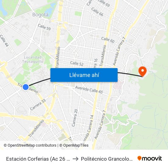 Estación Corferias (Ac 26 - Kr 39) to Politécnico Grancolombiano map