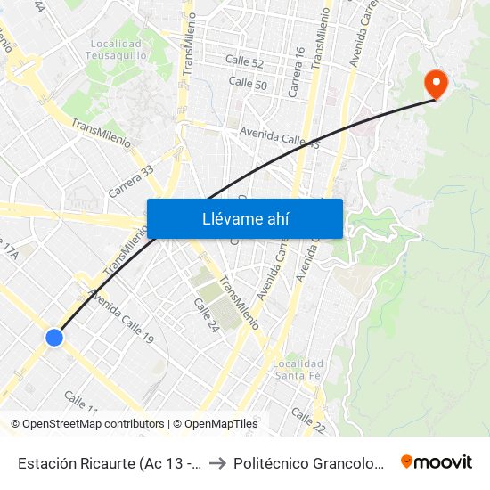 Estación Ricaurte (Ac 13 - Kr 29) to Politécnico Grancolombiano map