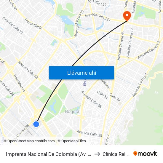 Imprenta Nacional De Colombia (Av. Esperanza - Kr 66) to Clínica Reina Sofia map