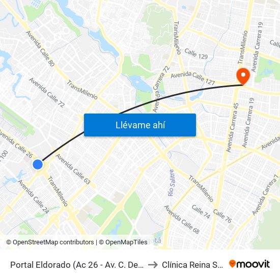 Portal Eldorado (Ac 26 - Av. C. De Cali) to Clínica Reina Sofia map