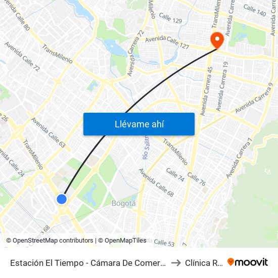 Estación El Tiempo - Cámara De Comercio De Bogotá (Ac 26 - Kr 68b Bis) to Clínica Reina Sofia map