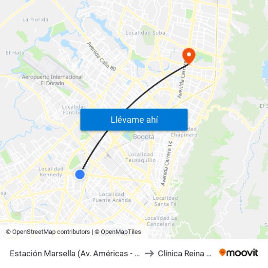 Estación Marsella (Av. Américas - Kr 69b) to Clínica Reina Sofia map